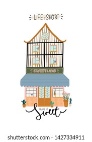 Collection of cute house, shop, store, cafe and restaurant isolated on white background. Motivational quote lettering. Flat vector illustration in trendy scandinavian style. Hand drawn. European city