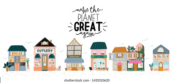 Collection of cute house, shop, store, cafe and restaurant isolated on white background. Flat vector illustration in trendy scandinavian style. European city