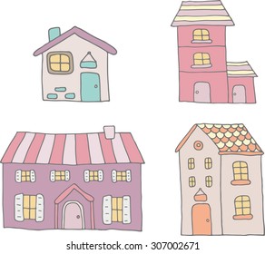 Collection of cute houses in a doodle style.