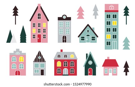 Collection of cute houses isolated on white background. Flat vector illustration in trendy scandinavian style