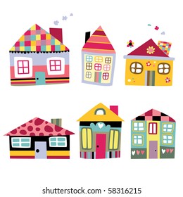 Collection of cute houses in a whimsical childlike style.