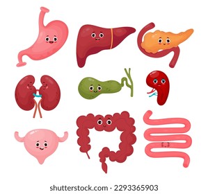 Collection cute human cartoon organs. Gastrointestinal tract. Vector flat cartoon character illustration design. Anatomy concept. Funny characters organs isolated on white background