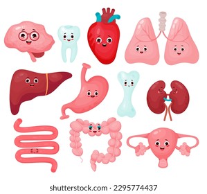 Collection cute human cartoon organs. Funny characters organs isolated on white background. Vector illustration. Anatomy concept