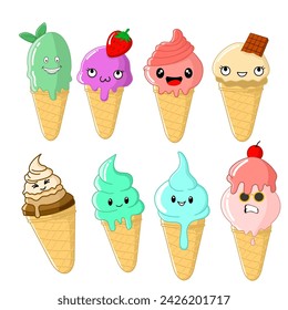 collection of cute ice cream illustrations in various colors, flat design style on a white background