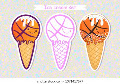 Collection of cute ice cream. Summer illustration for basketball. Sports Print for children's T-shirts, for design birthday, party. Kawaii vector set, sweet sticker.
