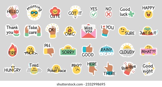 Collection of cute icon stickers. Cartoon emoji collection for website design, mobile app. Vector