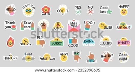 Collection of cute icon stickers. Cartoon emoji collection for website design, mobile app. Vector