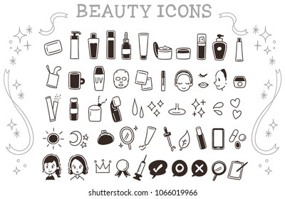 A collection of cute icons about skin care. Handwriting style