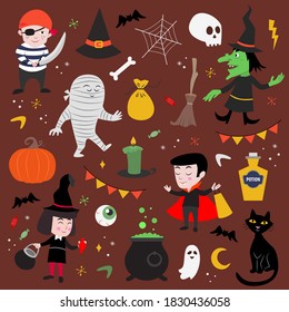 Collection of cute icons for Halloween. Kids style.