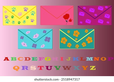 A collection of cute illustrated envelopes featuring love and celebration themes, ideal for Valentine's Day cards, gift decorations, and seamless pattern designs.