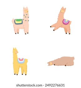 Colección de lindas llamas ilustradas en poses de pie, saltando y acostada