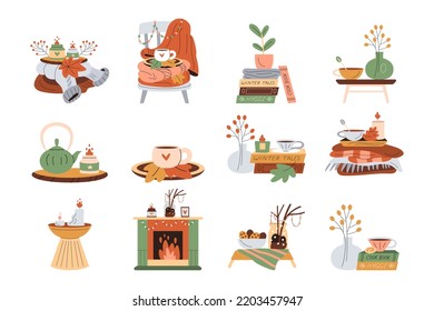 Collection of cute illustrations with burning candles, coffee, cacao, tea, knitted wool clothes and blankets, plants, books, fireplace. Cosy and warm hygge aesthetics. Flat hand-drawn vector style