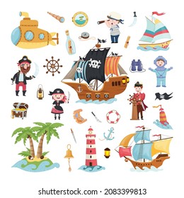 A collection of cute illustrations related to sea adventures. Characters-sailors and objects for sailing in flat style.