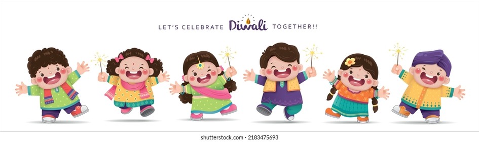 Collection of cute Indian kids character design for Diwali festival.	