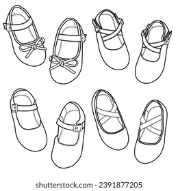 Colección de zapatos lindos para bebés. Colección de calzado de moda, ilustración de boceto vectorial aislada en un fondo blanco.