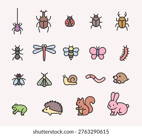 A collection of cute insects and small animals living in nature. Design vector illustration with outlines.