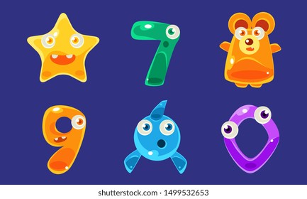 Collection of Cute Jelly Creatures and Numbers, Glossy Colorful Animals Vector Illustration