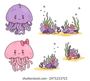 Collection cute jellyfish boy, girl and underwater bottom with algae, corals. Isolated undersea elements and funny cartoon animal kawaii character. Vector illustration. Kids collection