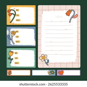 Collection of cute journaling elements including notes stickers and labels with colorful designs perfect for scrapbooking planner decoration and creative stationery needs