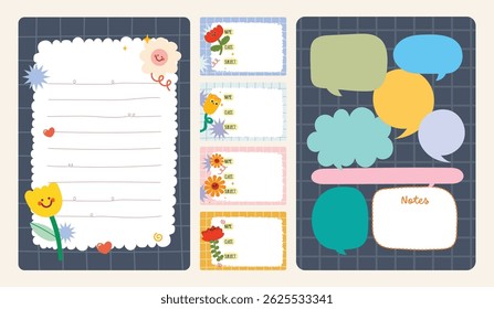Collection of cute journaling elements including notes stickers and labels with colorful designs perfect for scrapbooking planner decoration and creative stationery needs