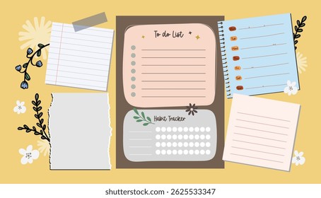 Collection of cute journaling elements including notes stickers and labels with colorful designs perfect for scrapbooking planner decoration and creative stationery needs