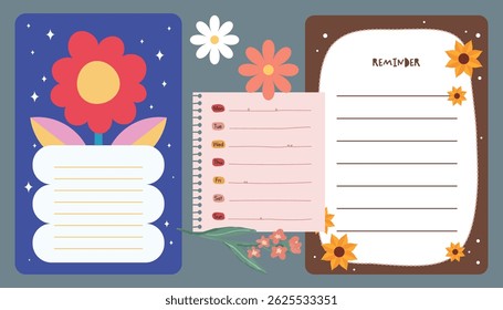 Collection of cute journaling elements including notes stickers and labels with colorful designs perfect for scrapbooking planner decoration and creative stationery needs