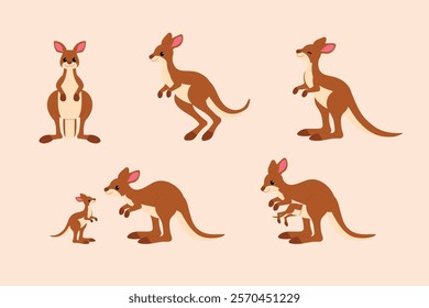 collection of cute kangaroo different pose, jumping, baby kangaroo , baby kangaroo going into its mother’s pouch illustration