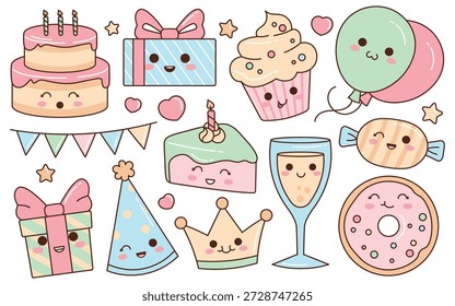 Coleção de elementos de aniversário bonitos kawaii, incluindo doces sorridentes, bebidas e atributos coloridos da festa. Engraçado feliz comida festiva, decorações e acessórios personagens ilustração vetor