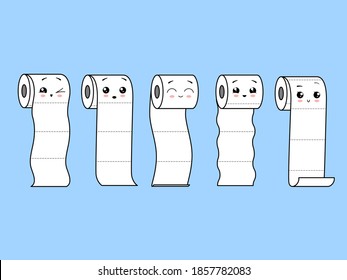 Collection of cute kawaii cartoon rolled toilet paper rolls. Vector illustration