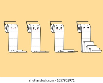 Collection of cute kawaii cartoon rolled toilet paper rolls. Vector illustration