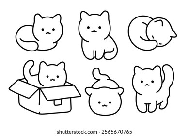 Collection of cute kawaii cats. Black and white illustration, hand drawn coloring.