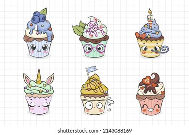 Collection of cute kawaii cupcakes cartoon illustrations