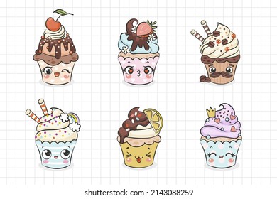 Collection of cute kawaii cupcakes outline illustrations