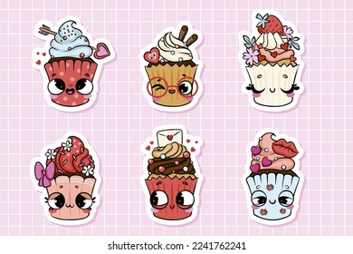 Collection of cute kawaii cupcakes Valentine stickers. Funny cartoon characters illustration for kids	
