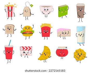 Collection of a cute kawaii food and objects. Cartoon characters - popcorn, soda, coffee, tea, book, , milk, cookie, hamburger, cake, fries, jam, croissant, clapperboard, toast. Vector illustration