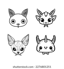 Una colección de criaturas míticas kawaii lindas como logos de animales, con unicornios, dragones, fénix y más en el estilo de arte de la línea dibujada a mano