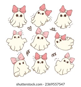 colección de doodles de dibujos animados fantasmas de color kawaii rosado Halloween. Perfecto para añadir un toque de diversión espeluznante a sus diseños. Entra en el espíritu de Halloween con estas ilustraciones lúdicas.