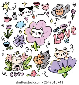 Coleção de bonitos adesivos de gato estilo kawaii no fundo branco. Gatos em terno de peixe, com flores, em forma de balão, com estrelas. Fantásticos gatinhos imprimíveis