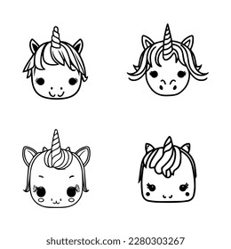Collection of cute kawaii unicorns in various poses and expressions, Hand drawn with details and a whimsical style