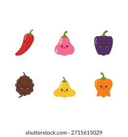 Collection of cute kawaii vegetable and fruit characters including chili, bell pepper, and snake fruit.