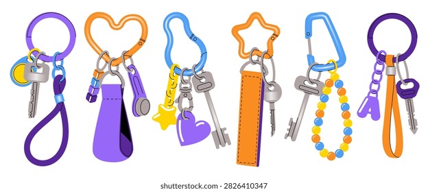 Collection of cute keychains with funny charms and trinkets isolated on background. Contemporary vector illustration of trendy key ring accessories with heart, star and beads pendants, girly souvenir