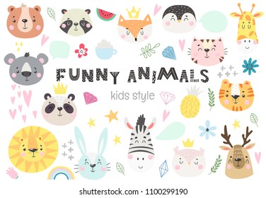 Collection of cute kids animals with funny decorative elements. Vector illustration
