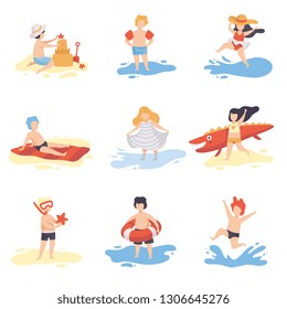 Collection of Cute Kids in Bathing Suits Playing and Having Fun on Beach on Summer Holidays Vector Illustration