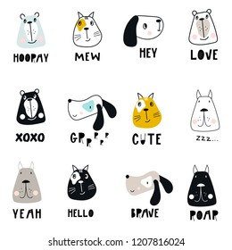 Collection of cute kids cartoon animal faces and hand drawn lettering. Set of wild characters in scandinavian style.