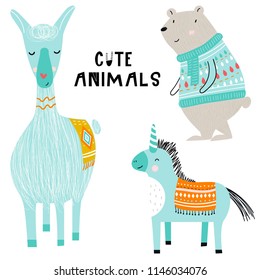 Collection of cute kids cartoon animals with clothes, accessories and lettering. Set of wild characters in scandinavian style.