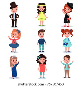 Collection of cute kids characters dressed up in stylish clothes. Fashion children wear. Cartoon boys and girl standing isolated on white. Flat vector design