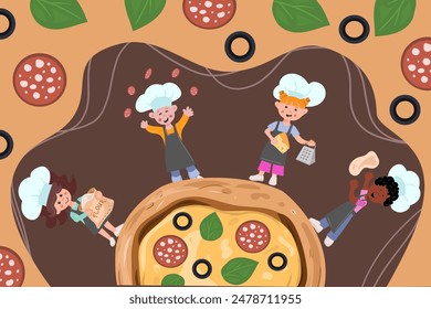 Collection of cute kids in chef hats cooking pizza. The concept of cooking with children's characters. Kids baking pizza set. Cartoon vector illustration