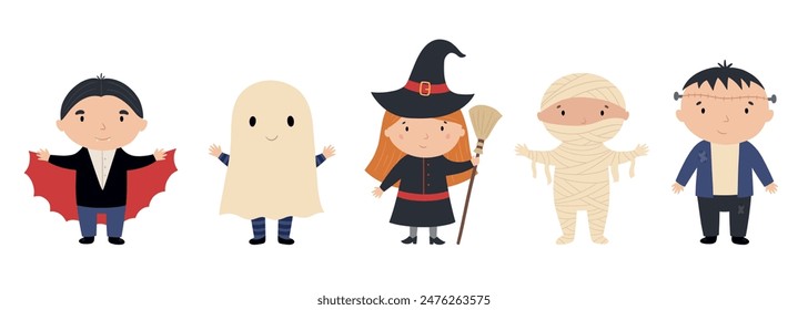 A collection of cute kids in costumes. Happy Halloween. Vector illustration on a white background