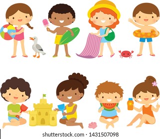 Collection Of Cute Kids Enjoying Summer At The Beach