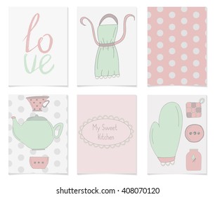 Collection of cute kitchen equipment. Hand drawn cards for your design. Tableware in pastel colors. Cards with Kitchen and background with dots
